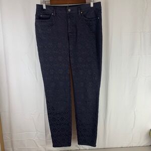 Two by Vince Camuto Slim Pants Womens 10 Navy Blue Damask Textured Stretch